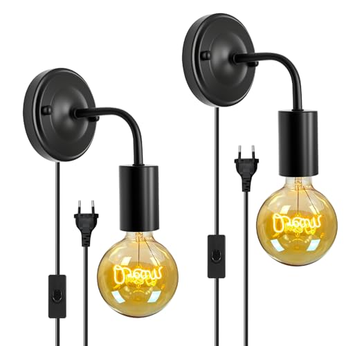 ZRLXFM Lámpara de Pared Interior, E27/E26 Apliques de Pared con Interruptor y Enchufe, Negro Industrial Lámpara de Pared con Metal Base Engrosada Iluminación Moderno Interior-2 Piezas (Sin Bombillas)