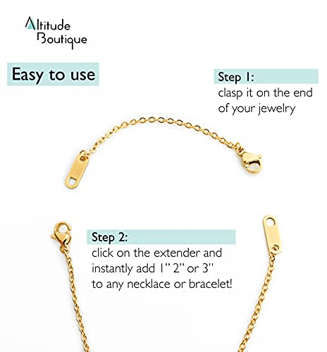 Altitude Boutique Necklace Extenders 1", 2", 3" Inches 18k Gold Plated Delicate Necklace Extender Bracelet Ankle Extenders Chain Extension for Jewelry Making Set for Women 3 Piece Set, Extensions Hypoallergenic in Gold, Rose Gold, or Silver2