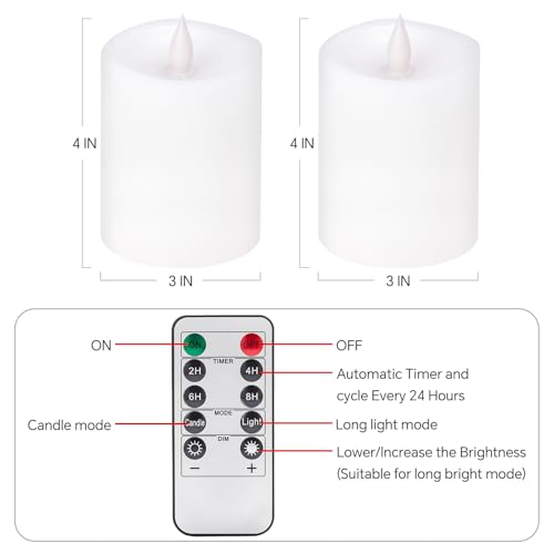 Image of 3x4 Flickering Flameless Candles Set of 2,Real Wax LED Battery Operated Candles,with Timer,4 inch Flameless Candles with Remote,for Holiday Home Decor,White