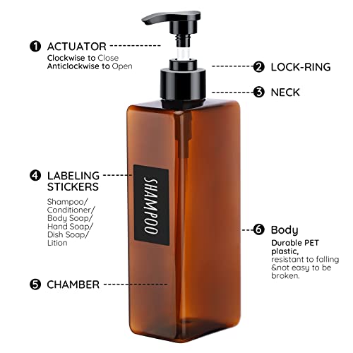 Image of Segbeauty Shampoo Bottles, 3pcs 16.9oz 500ml Refillable Pump Dispenser with Labels, Empty Reusable Plastic Press Bathroom Hotel Shower Containers for Shampoo Conditioner Body Soap Hand Soap Gel Amber