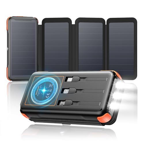 Cargador Solar Power Bank 25000mAh - SOARAISE 20W Batería Externa Carga Rápida Inalámbrica con 3 Cables y 4 Paneles Solares, PD QC 3.0 USB C con Linterna LED para Camping