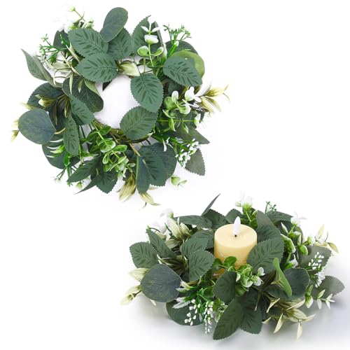 Ovveroche 2 Pcs 4 Inch Mini Eucalyptus Wreaths for Candles, Summer Candle Rings with Small White Flower Buds Candle Garland Pillar 3.94 Inch Small Wreath Decor for Centerpiece Cabinet Table