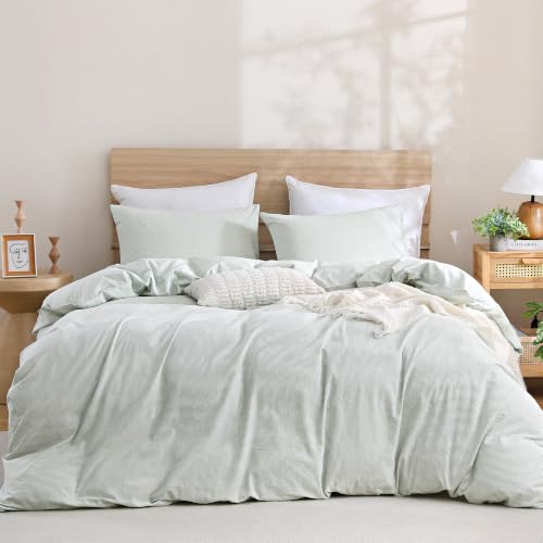 Image of TOCOMOA Sage Green Striped Duvet Cover Bedding Set 100% Washed Cotton Like Linen Feel Super Soft Comfy 3 Piece Pinstriped Comforter Cover Set (Queen 90 inchx90 inch, Comforter Not Included)