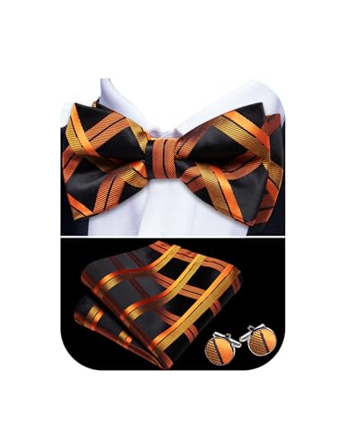 Image of Barry.Wang Paisley Striped Bow Tie for Men Silk Pre-Tied Bowtie Pocket Square Cufflinks Set Formal Wedding Party Prom