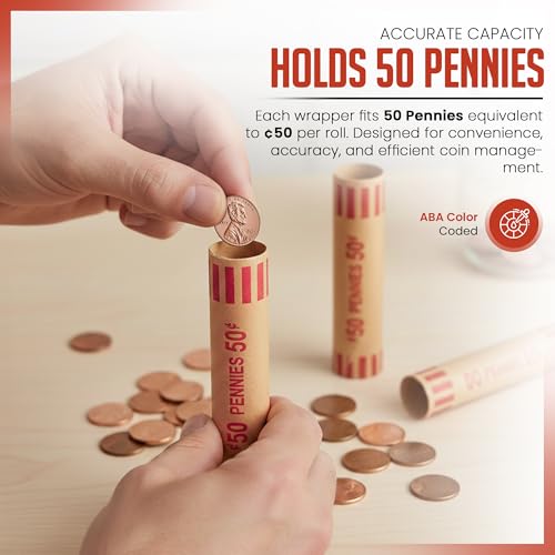 Image of PM Company 100 Pcs Preformed Pennies Coin Wrappers Rolls ABA Color-Coded