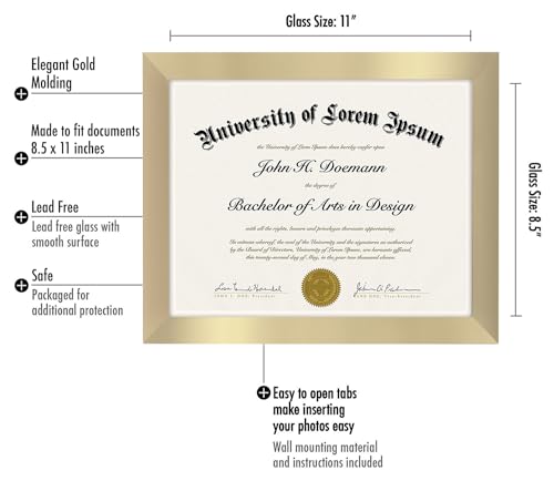 Americanflat 8.5x11 Diploma Frame with Shatter-Resistant Glass - Document Frames with Engineered Wood - Legacy Collection - Certificate Frame for Tabletop and Wall Display - Gold by Americanflat - Image 2