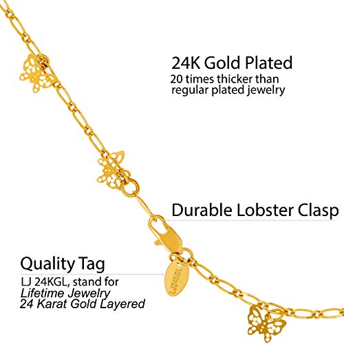 LIFETIME JEWELRY 24k Gold Plated Butterfly Ankle Bracelet to Wear at Party or Beach for Women and Teen - Cute Durable Anklet - 9 10 and 11 inches - Made in USA (10.0) - Thumbnail 4