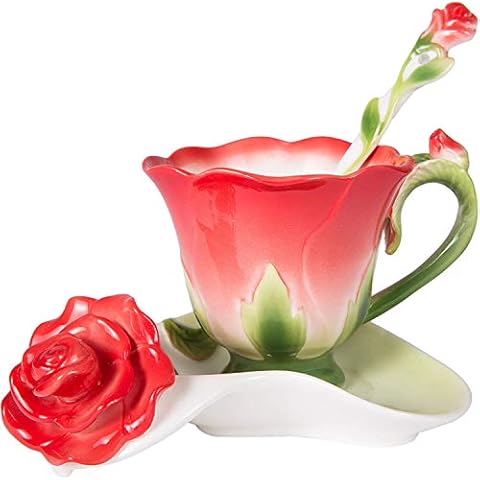 ONEUSTAR Tea Cup and Saucer Set for 1 Ceramic Bone China Handicraft Rose Flower Shaped Coffee Cup with Spoon 6 Oz Teacup for Christmas Gift, Red Cover