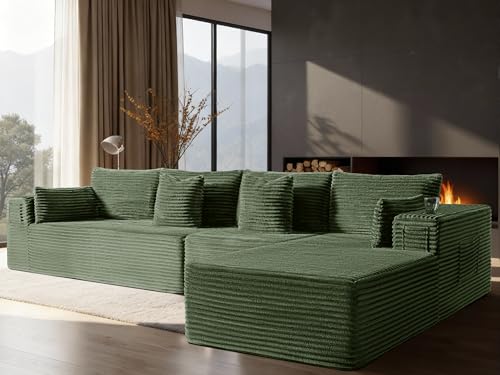 Image of 138 inch Cloud Sectional Couch, Comfort L Shaped Boneless Couch for Living Room, Extra Deep Seats No Assembly, Minimalist Modular Sofa, Corduroy (Olive Green, 3 Seater+Right Facing Chaise)