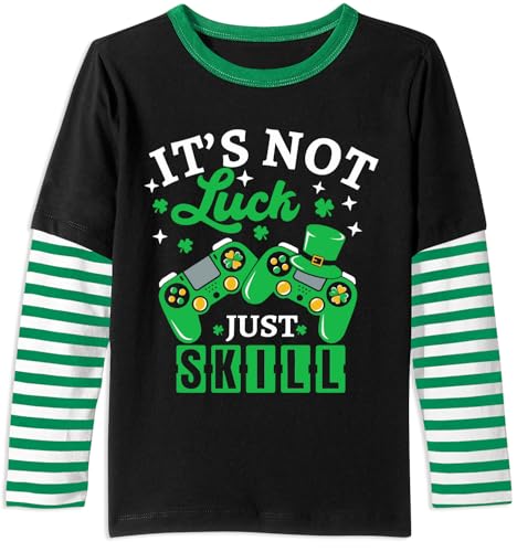 Image of Unisex Kid's St Patrick's Day Shamrock Top Striped Patchwork Irish Clover Long Sleeve Shirt 4-14 Years