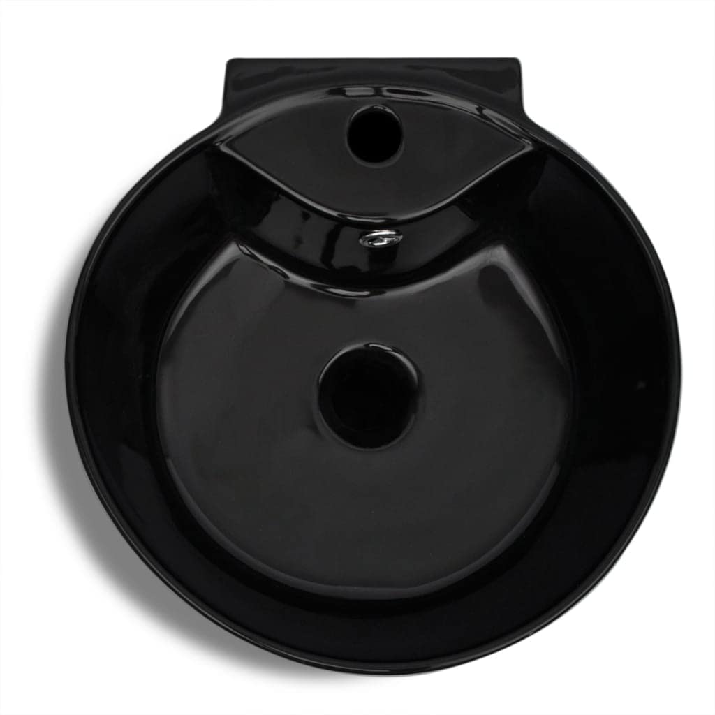 Lavabo redondo de cerámica con orificio de grifo/desagüe negr