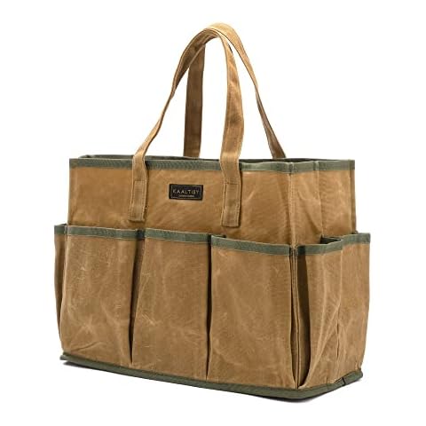 Tool Tote | Heavy Duty 16oz Waxed Canvas Tote Bag, 1 Large Capacity Tool Storage Tote + 10 External Slots, Multi-Purpose Reusable Tool Carrier for Gardening Set Wrench Carpentry Tools - Khaki Cover