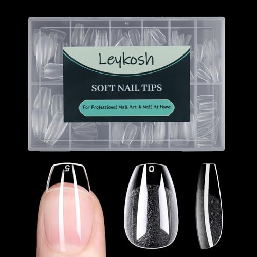 LEYKOSH Short Coffin Nail Tips, 216 Pcs Clear Gel Fake Nails, 12 Sizes