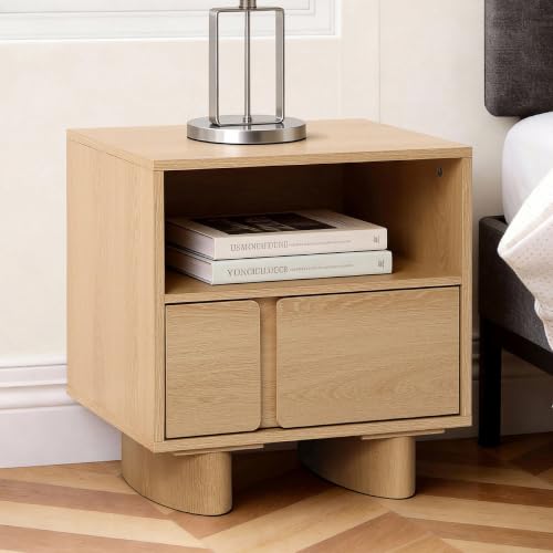 Hometopia Nachttisch Holz mit Schublade & offenem Fach Moderner Nachtschrank mit ovaler Basis Nightstand & Beistelltisch für Schlafzimmer 48 × 39 × 51 cm
