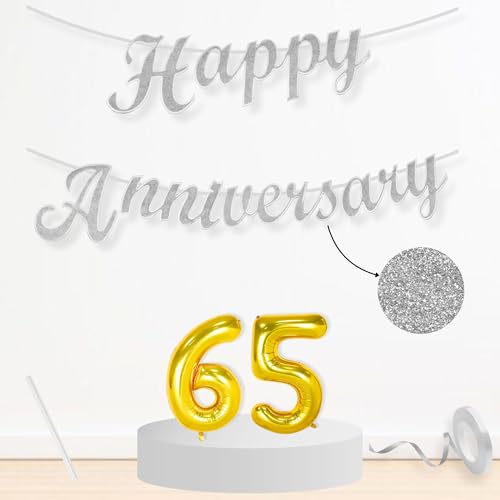 Image of Flyloons 65th Happy Anniversary Banner Silver Decorations Kit for Men Women Wedding Anniversary Banner Items without Balloons