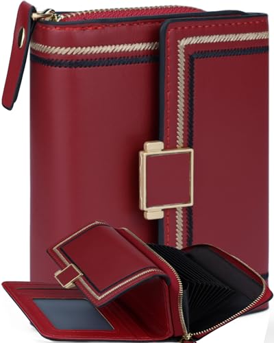 Red Wallet for Women and Ladies Small Cute Leather Coin Purse with Minimalist Design Credit Card Holder and ID Window Kawaii Travel Cash Wallet for Ladies