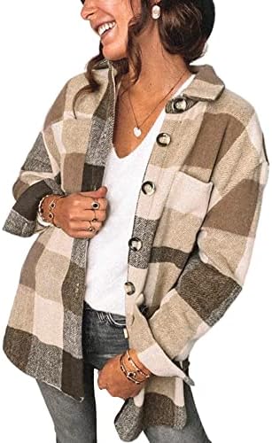 PRETTYGARDEN Women's 2023 Fall Clothes Plaid Shacket Jacket Long Sleeve Button Down Flannel Shirts Fashion Blouse(Khaki,X-Large)