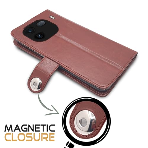 Image of Pikkme iQOO 12 5G Flip Cover Leather Finish | Inside TPU with Card Pockets | Wallet Stand and Shock Proof | Complete Protection Button Flip Case (Brown)