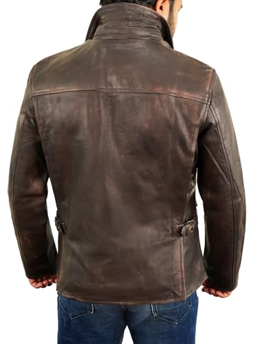 Image of Brown Leather Jacket Men - Vintage Collar Distressed Style Mens Leather Motorcycle Jacket