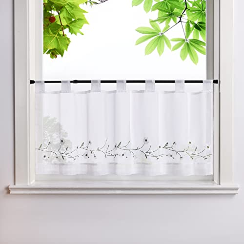 Heichkell Embroidered Net Curtain Voile Short Curtains with Loops Pastoral Kitchen Curtains Country House Style Bistro Curtain White W x H 120 x 45 cm
