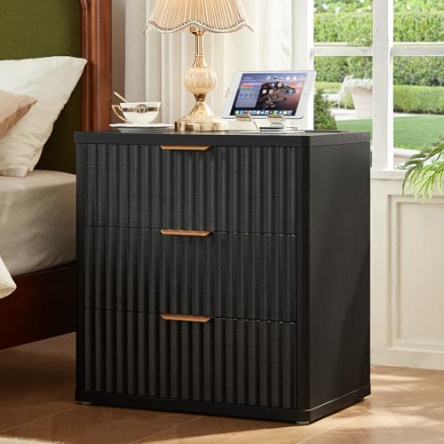 Image of LEYAOYAO 23 inch Wide Fluted Farmhouse Night Stand Set of 2 with Charging Station, 3 Drawers Large End Table w /Metal Handle,Black Nightstand Bedside Table,Wood Dresser for Bedroom, Closet