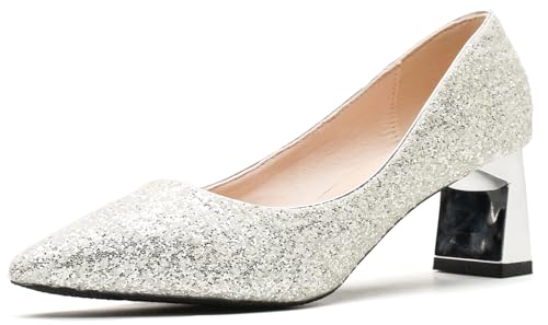 YooPrettyz Women Shimmery Mid Heels Wedding Pointed Toe Sequined Evening Bridal Dress Block Heels Shoes