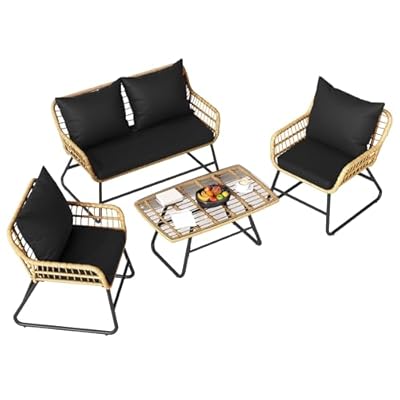DWVO Outdoor Conversation Set 4 Piece, Outdoor Wicker Bistro set with Removable Cushion, Wicker Patio Furniture for Garden, Backyard, and Deck, Loveseat, Armchairs, Glass Side Table, Light Brown&Black