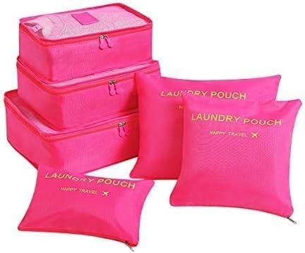 Image of 6 in 1 Polyester Secret Pouch Travel Bag Packing Cubes Laundry Bag with Undergarments & Cloth Storage Organizer Travelling Set /Suitcase Bag (PINK)