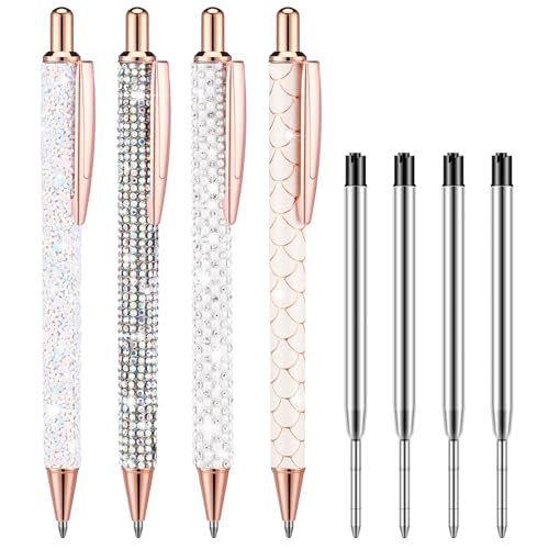 Ireer 4 Pcs Bling Rhinestone Sparkle Pens,Iridescent, White