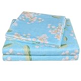 JSD Blue Sakura Floral Sheet Set Queen, 4 Piece Soft Botanical Printed Microfiber Sheets Deep Pocket