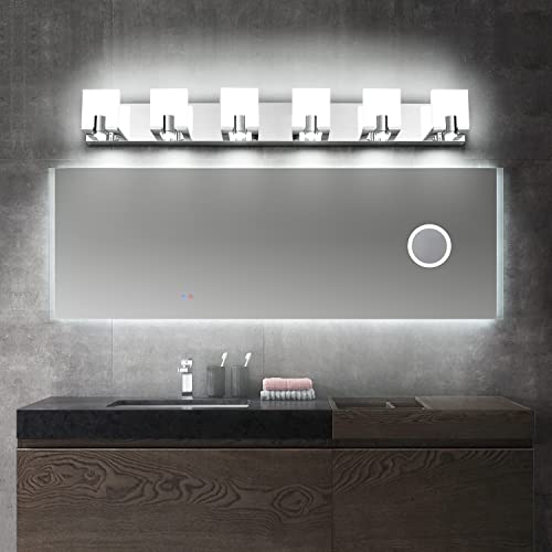 Image of PRESDE Modern Bathroom Light Fixtures Chrome Vanity Light 6 Light LED Bathroom Vanity Light Fixtures Over Mirror Bath Wall Lighting Dimmable