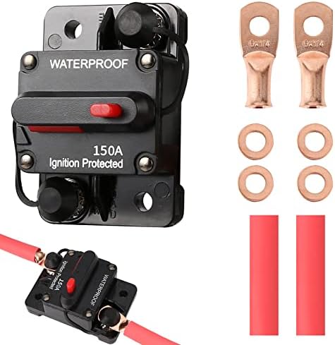 Audio Circuit Breaker12V-48V DC Fuse HolderReset Fuse Inverter with Wire Lugs Copper Washer Washer and Heat Shrink tubing,for Automotive Marine Boat Audio System Current Overload Protection (100AMP)