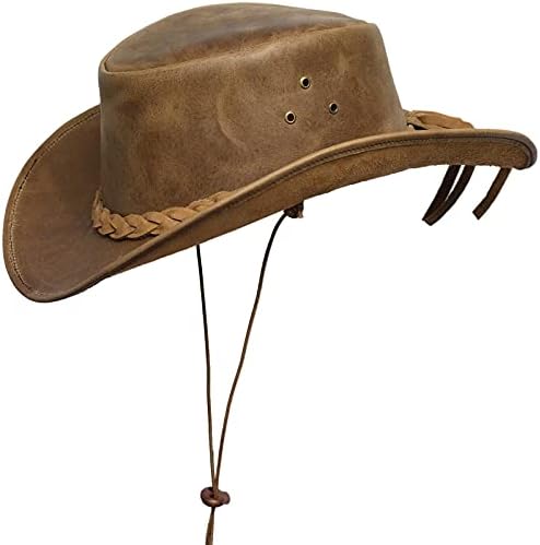 BRANDSLOCK Cowboy Hat Leather Outback Sun Hat with Chin Cord (Tan, XL)