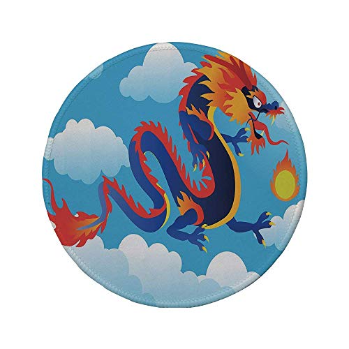 Preisvergleich Produktbild RutschfestGummi-rundes Mauspad Drache surreale Volksmärchen-Kreatur die Feuer auf Wolken spuckt Chinesisches Cartoon-Kunstdekorativ Indigo-Himmelblau-Orange 7,9 'x 7,9' x3MM