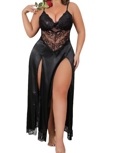 Image of Alrovetoney Plus Size Lingerie For Women Babydoll Sexy Mesh Maxi Nightdress Exotic Sleepwear Side Slits