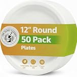 The Happy Garden Bagasse Plates, 12 Inch Round (Pack of 50) - Heavy Duty Disposable Plate, Eco Friendly Sugarcane Dishes, Compostable Party Plates, Microwave & Freezer Safe