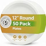 The Happy Garden Bagasse Plates, 12 Inch Round (Pack of 50) - Heavy Duty Disposable Plate, Eco Friendly Sugarcane Dishes, Compostable Party Plates, Microwave & Freezer Safe