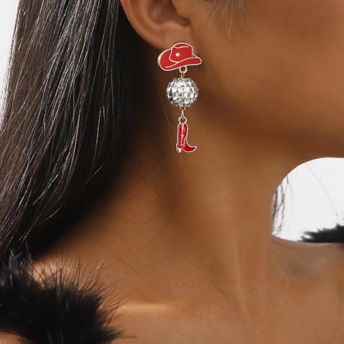 80s 90s Glitter Disco Ball Stud Earrings Vintage Western Cowgirl Cowboy Hat Boots Enamel Earrings Dance Party Outfits Accessories2