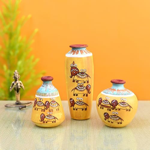 Image of Aakriti Art Creations Terracotta Vases Set of 3 | Handmade Yellow Madhubani Art Happy Elephant Flower Vases Matte Finish Decorative Vases for Home Decor & Gifting