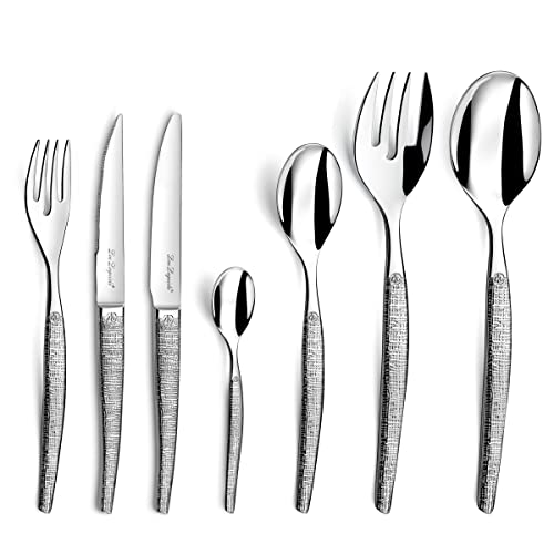 Lou Laguiole Besteck JET mit feinem Hammerschlagdesign, glänzend, außergewöhnliches Besteckset, 62-teilig