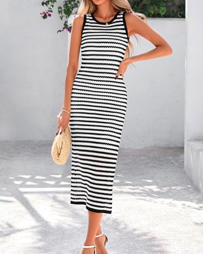 Image of Zenlonr Women's Sleeveless Summer Dresses 2025 Casual Crochet Knit Sundress Striped Long Tank Dress Beach Slip Dress