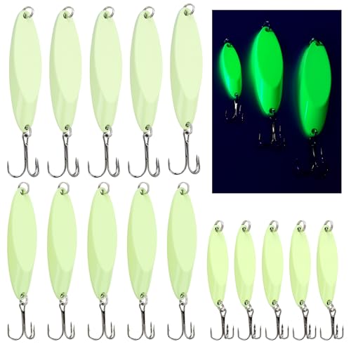 15 Pcs Luminous Fishing Spoons Fishing Lures Glow in The Dark Casting Spoon with Treble Hook Jigs...