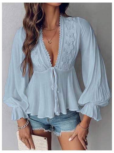 SweatyRocks Women's Lace Long Sleeve Peplum Top Tie Front Blouses V Neck Lantern Shirts3