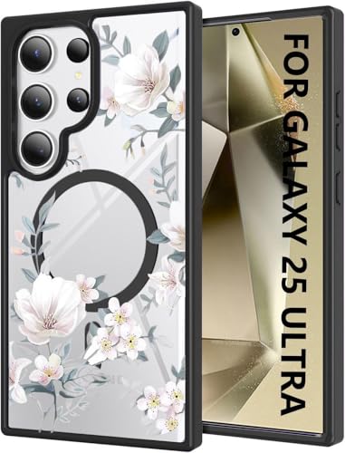 Image of VONZEE Compatible with Samsung Galaxy S25 Ultra 5G Case Luxury Retro Flowers Floral Clear for Magnetic Wireless Charging Case Shockproof Case PC+TPU Cute Glossy Shiny Cover for Girls Women, Black
