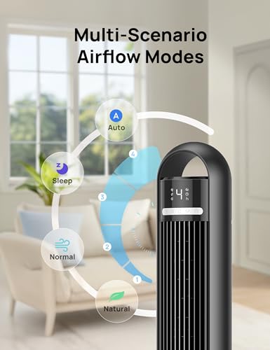 Image of DREO Smart Tower Fan for Bedroom, 90 Oscillating Standing Fans for Room with 4 Speeds, 4 Modes, 28dB Quiet for Sleep, 26ft /s Velocity, 8H Timer, Remote /App /Voice Control for Living Room, Office, Home