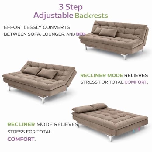 Image of INNOWIN Modern 3 Seater Avantha Sofa Cum Bed Camel Velvet Fabric with Two Cushions Perfect for Home Living Room Office and Guests (Camel)