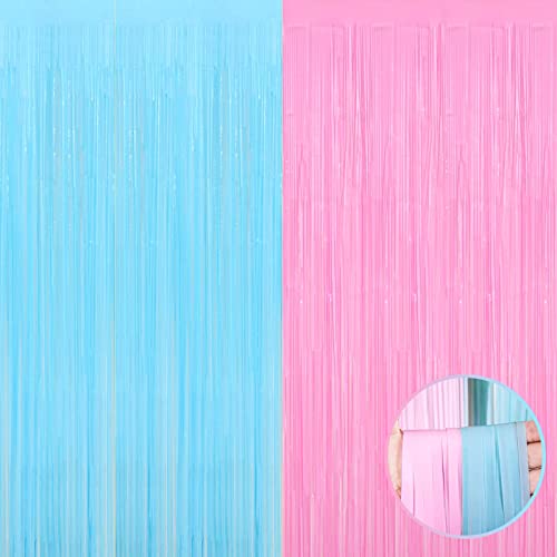 Image of 4 Pack Macaron Pink Blue Foil Fringe Curtain Backdrop, 3.28Ft x 8.2Ft Metallic Tinsel Foil Fringe Streamers for Photo Booth, Wedding Gender Reveal Backdrop Boy or Girl Birthday Party Decoration