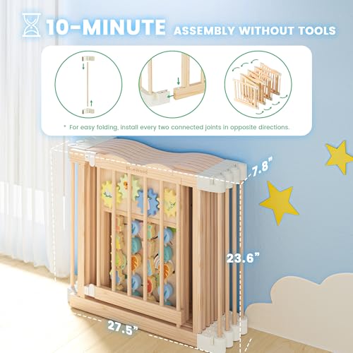Image of Foldable Wooden Playpen - Adjustable Wood Baby Play Yard with Child-Proof Lock, Indoor Large Safety Fence for Babies and Toddlers - Easy Assembly, 55 x 55 x 24 inches, Dino Land, Natural
