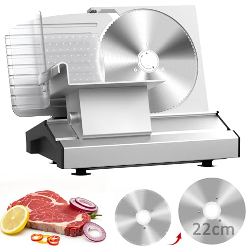 Meat Slicer Machine 2 x 22cm Stainless Steel Blades for Home, 250W Bread Slicer, 0-20mm Adjustable Thickness, Non-Slip Electric Slicers with Food Pusher for Meat, Cheese, Bread, Deli