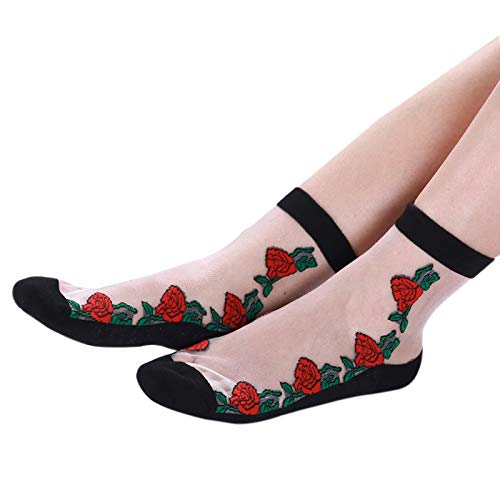 Tvoip 6 Pairs Fashion Women Lace Flower Ankle High Fish Net Socks Crystal Glass Silk Short Thin Transparent Roses Fishnet Socks2